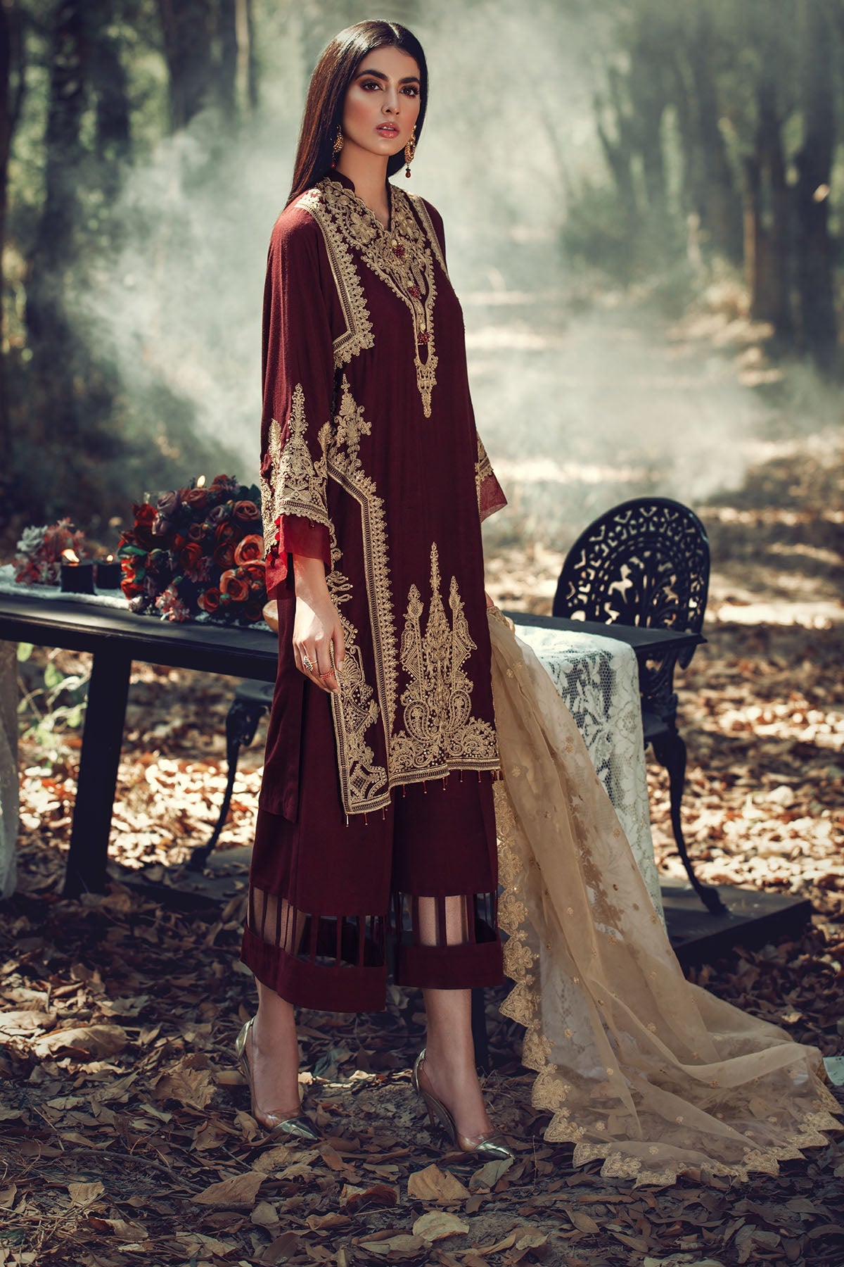 2708-BURGOGNE EMBROIDERED LINEN UNSTITCHED