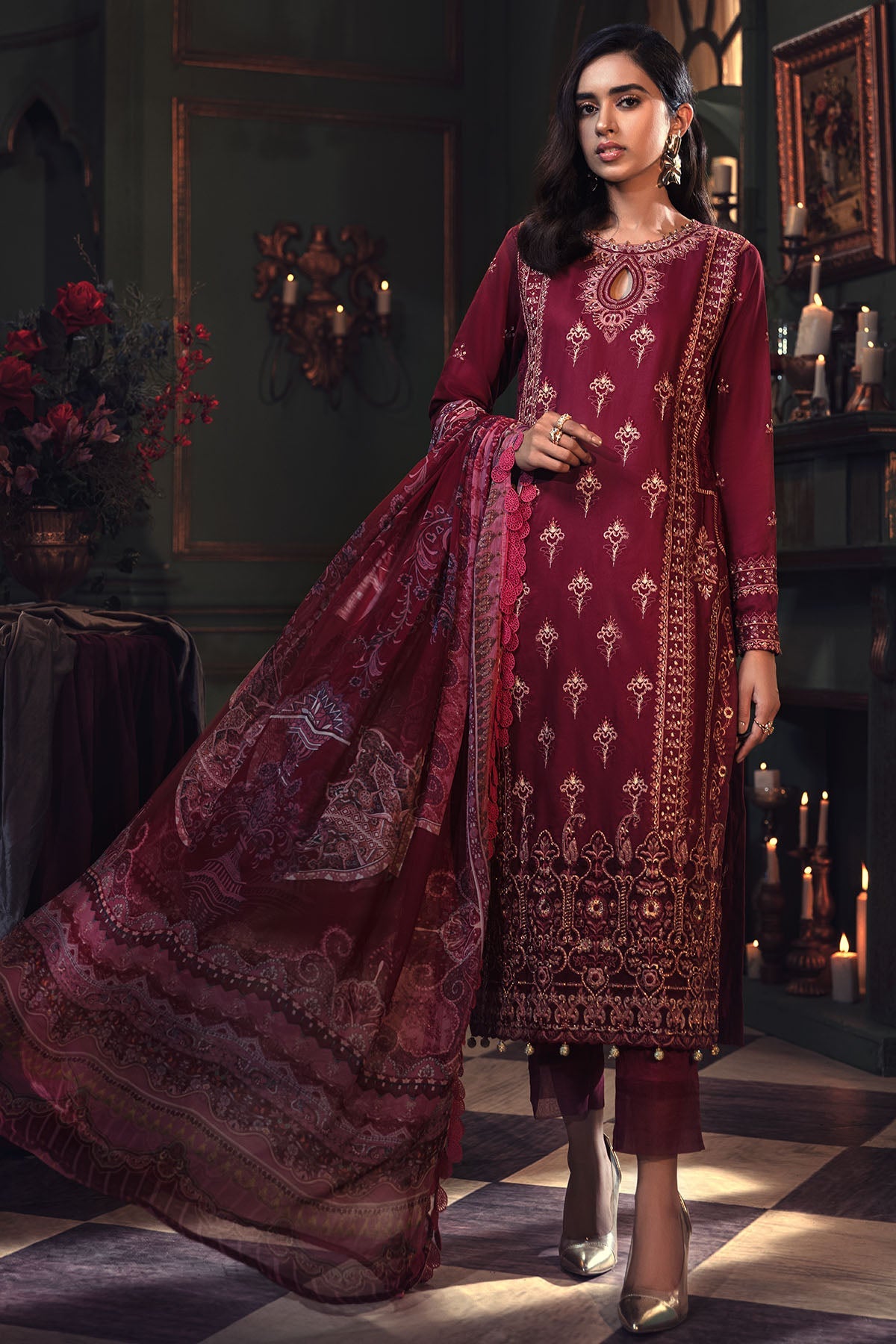 2665-CARMINE EMBROIDERED COTTON SATIN UNSTITCHED