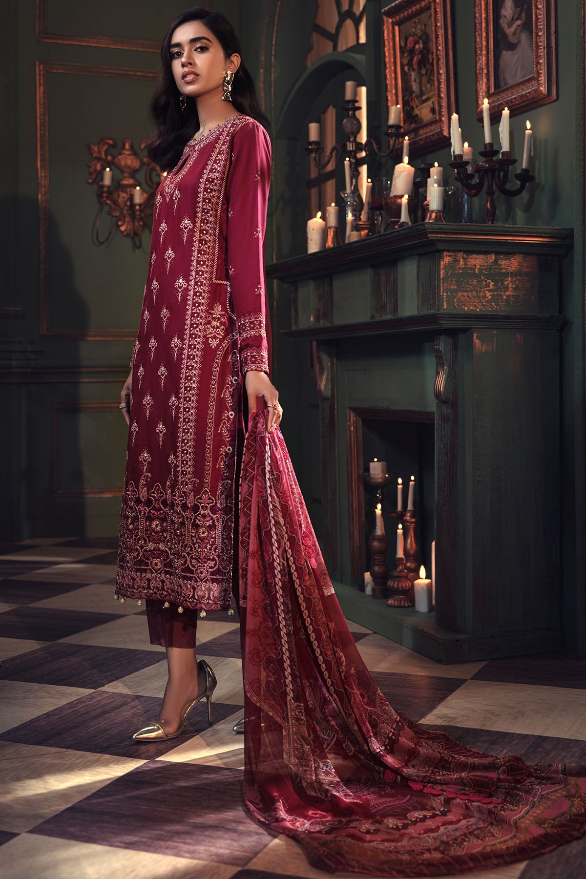2665-CARMINE EMBROIDERED COTTON SATIN UNSTITCHED