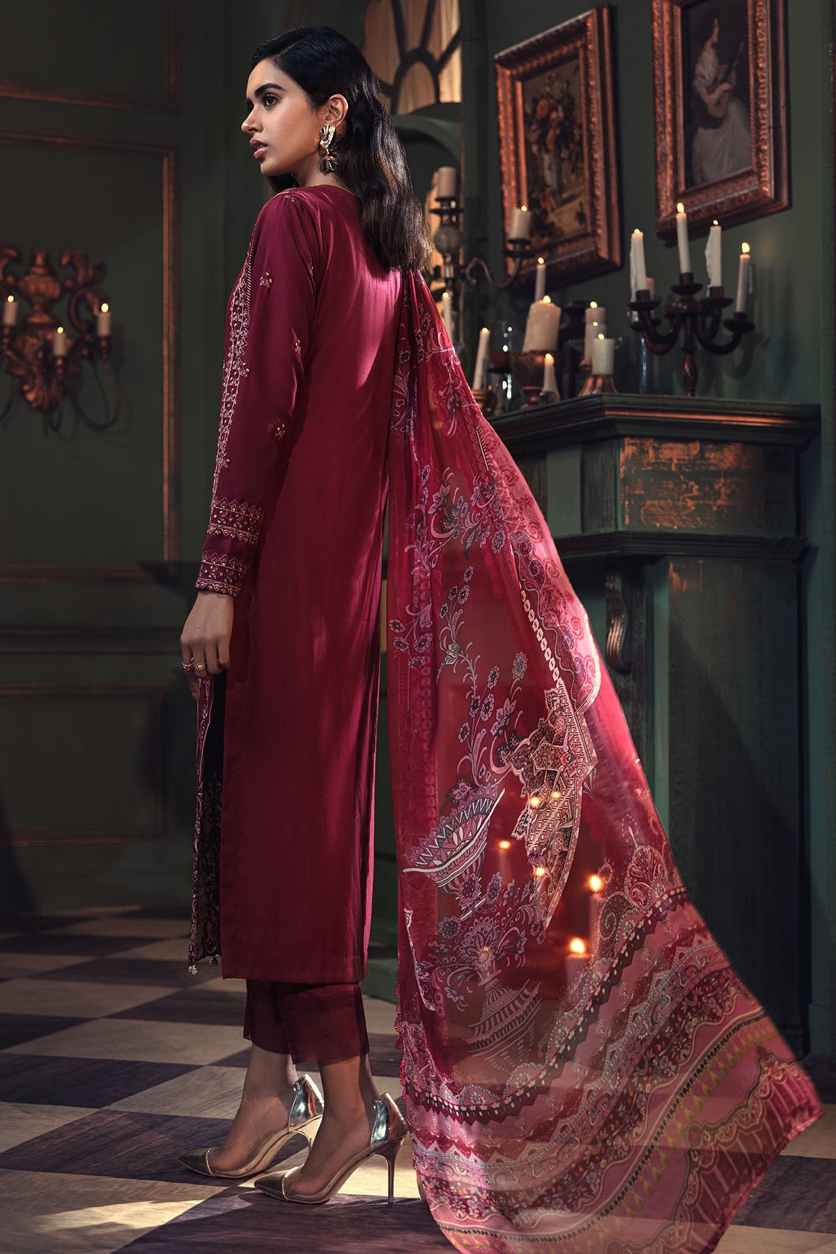 2665-CARMINE EMBROIDERED COTTON SATIN UNSTITCHED