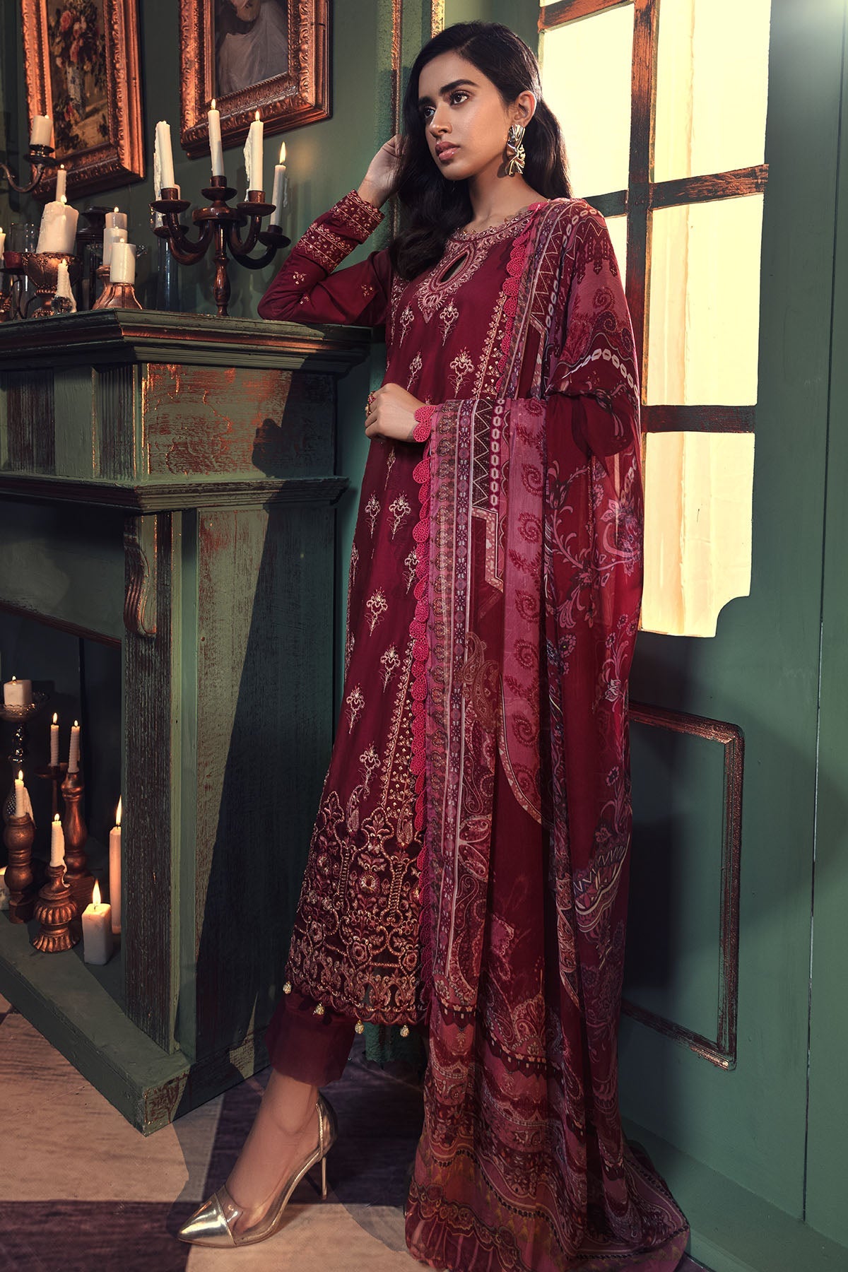 2665-CARMINE EMBROIDERED COTTON SATIN UNSTITCHED