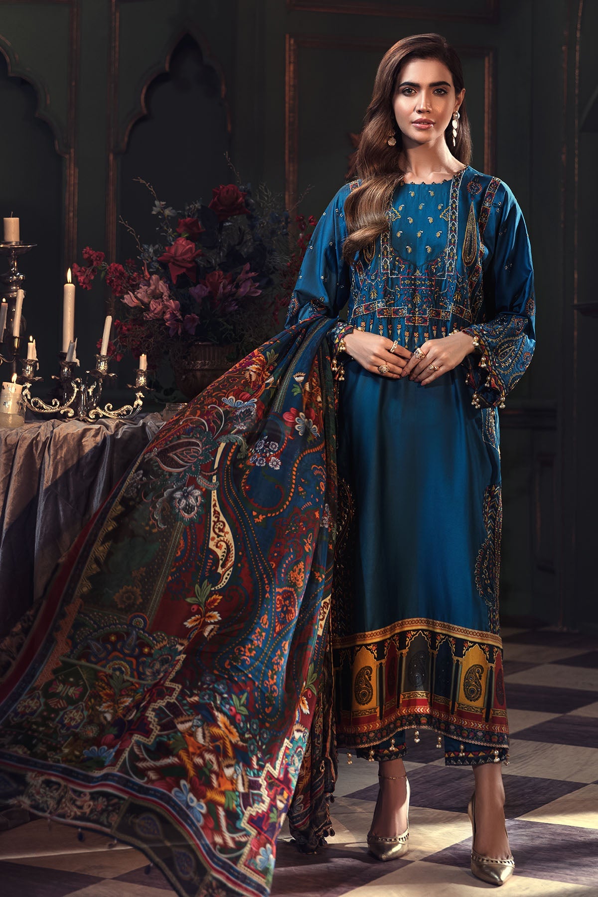 2674-PRUSSIAN-BLUE EMBROIDERED COTTON SATIN UNSTITCHED