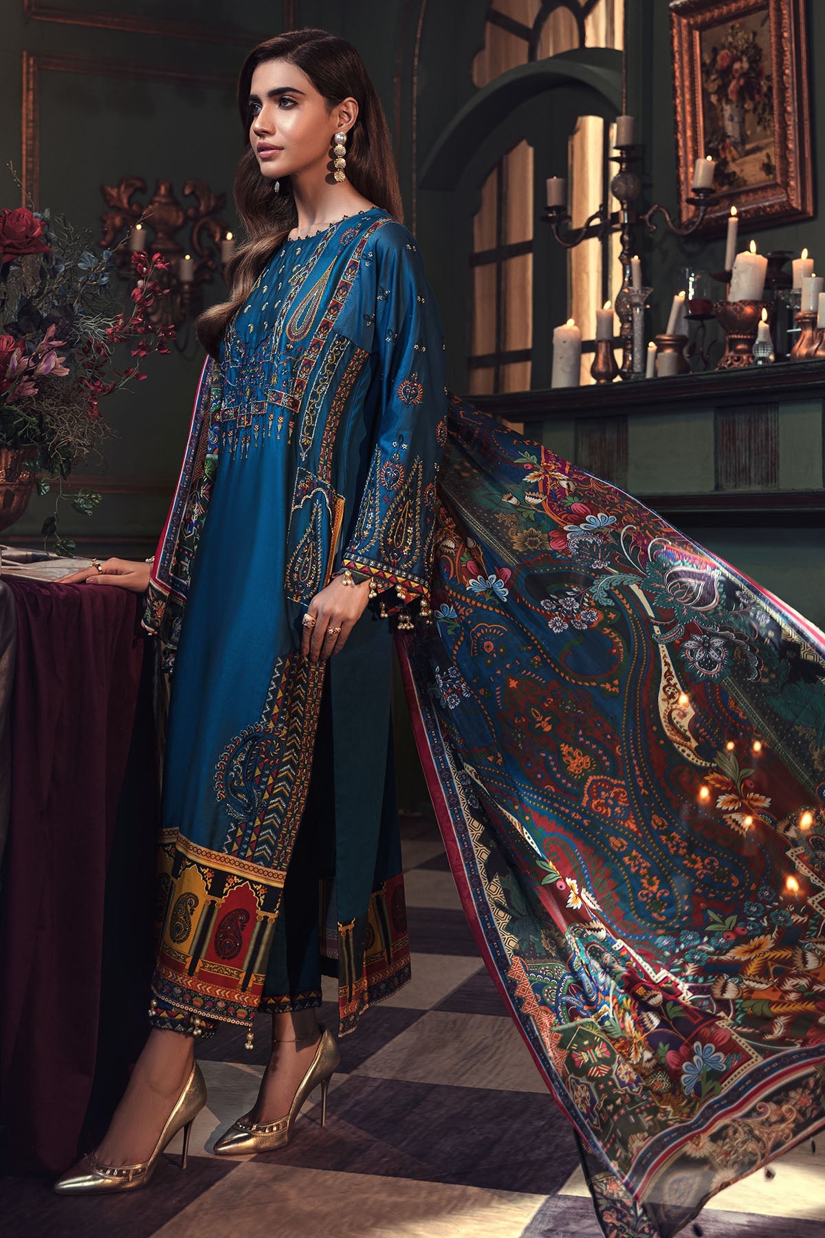 2674-PRUSSIAN-BLUE EMBROIDERED COTTON SATIN UNSTITCHED