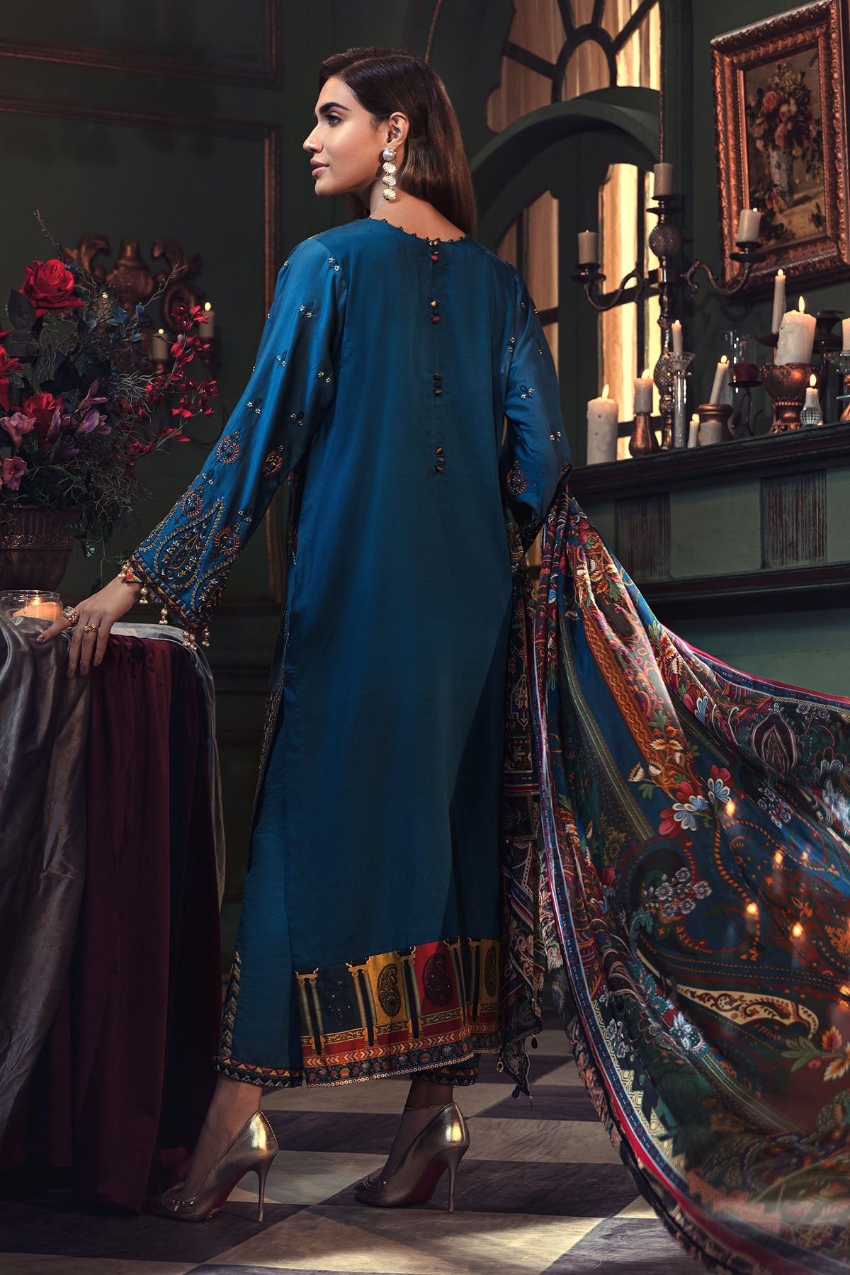 2674-PRUSSIAN-BLUE EMBROIDERED COTTON SATIN UNSTITCHED