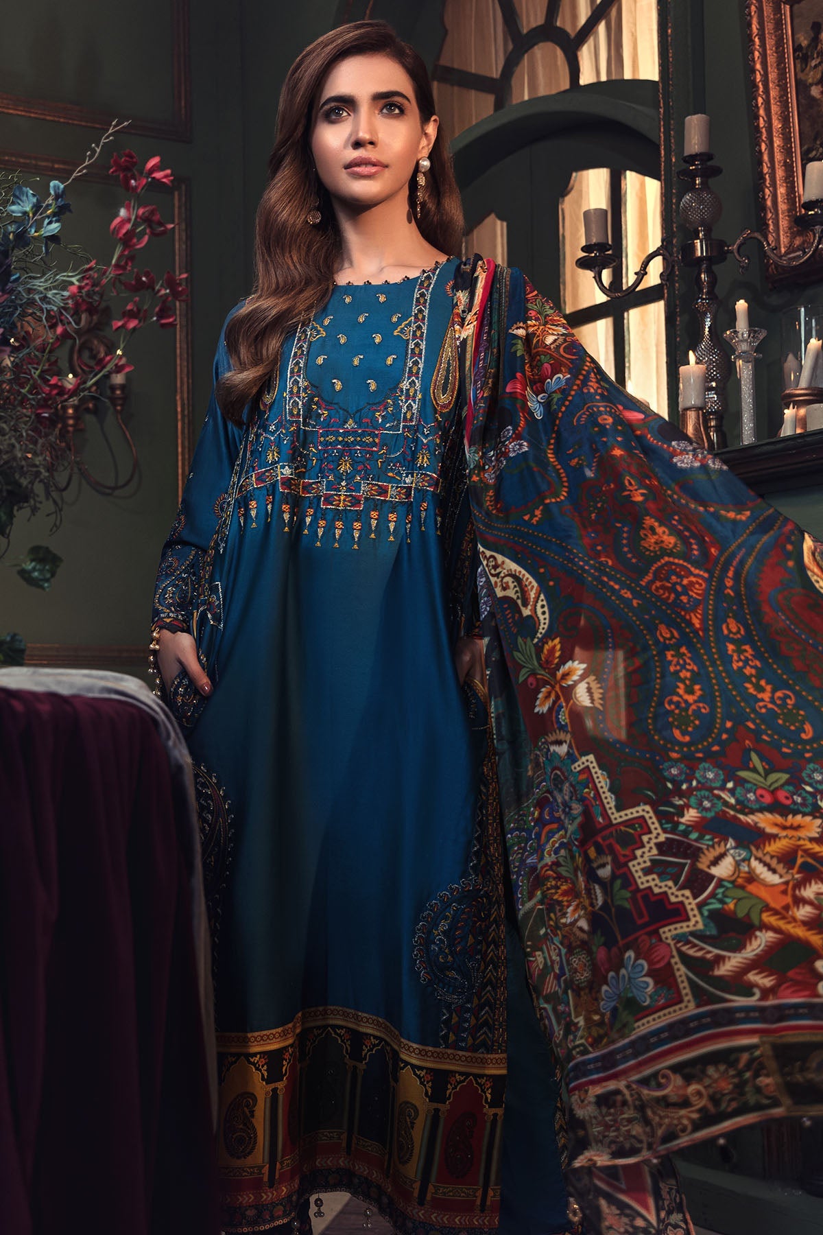 2674-PRUSSIAN-BLUE EMBROIDERED COTTON SATIN UNSTITCHED