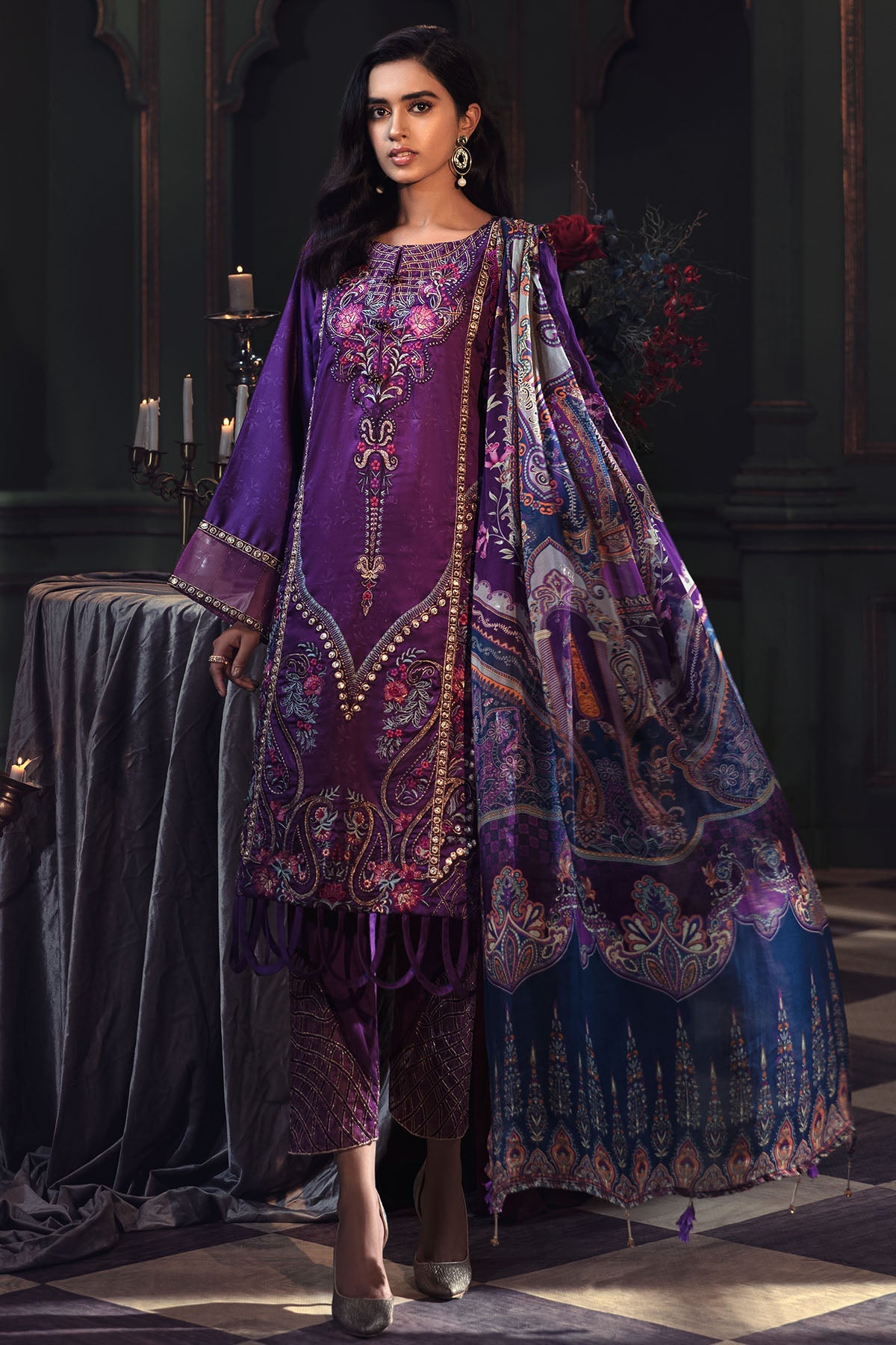2668-VIOLET EMBROIDERED COTTON SATIN UNSTITCHED