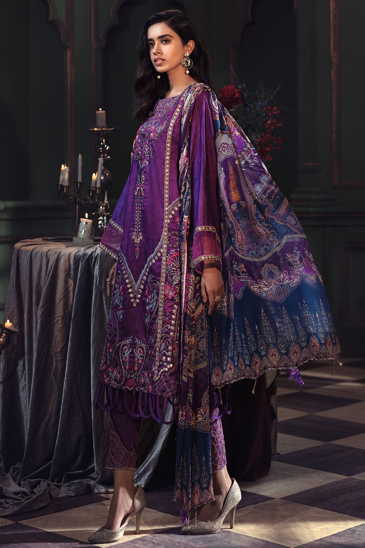2668-VIOLET EMBROIDERED COTTON SATIN UNSTITCHED