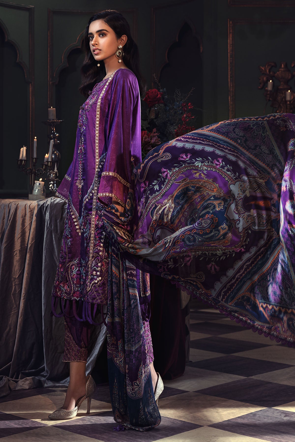 2668-VIOLET EMBROIDERED COTTON SATIN UNSTITCHED