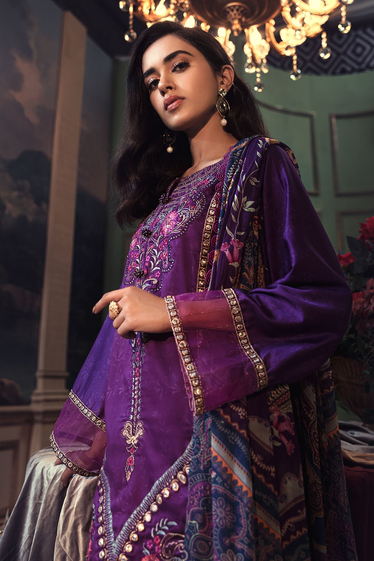 2668-VIOLET EMBROIDERED COTTON SATIN UNSTITCHED
