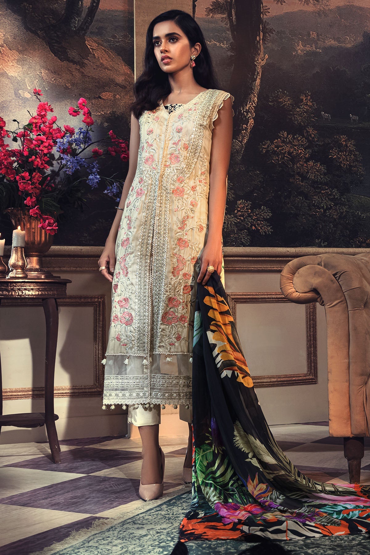 2673-BONE EMBROIDERED COTTON SATIN UNSTITCHED