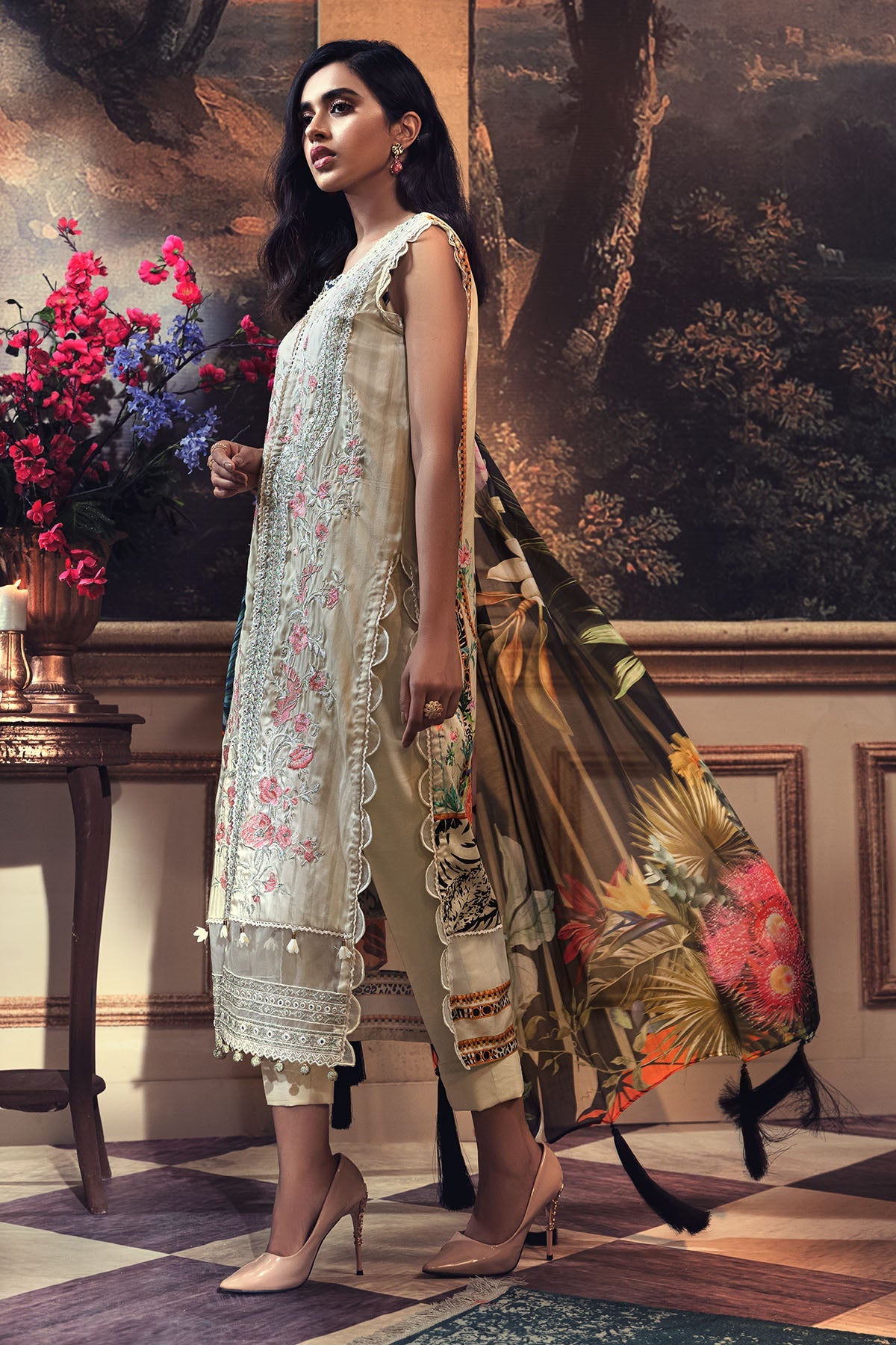 2673-BONE EMBROIDERED COTTON SATIN UNSTITCHED
