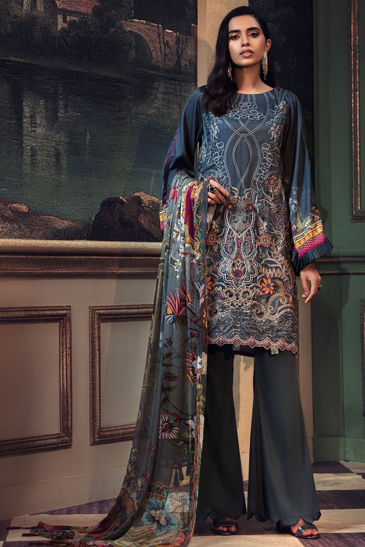 2667-FOSSIL EMBROIDERED COTTON SATIN UNSTITCHED