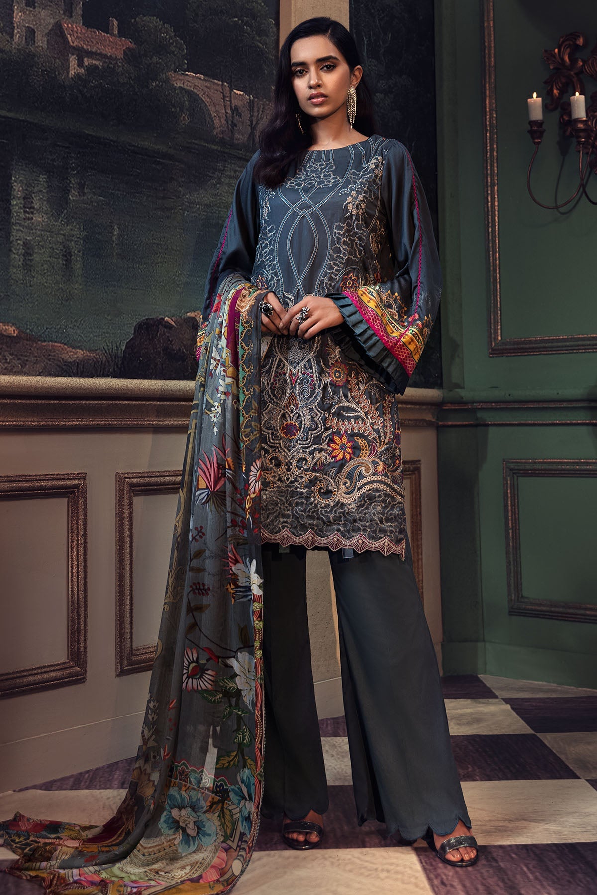 2667-FOSSIL EMBROIDERED COTTON SATIN UNSTITCHED