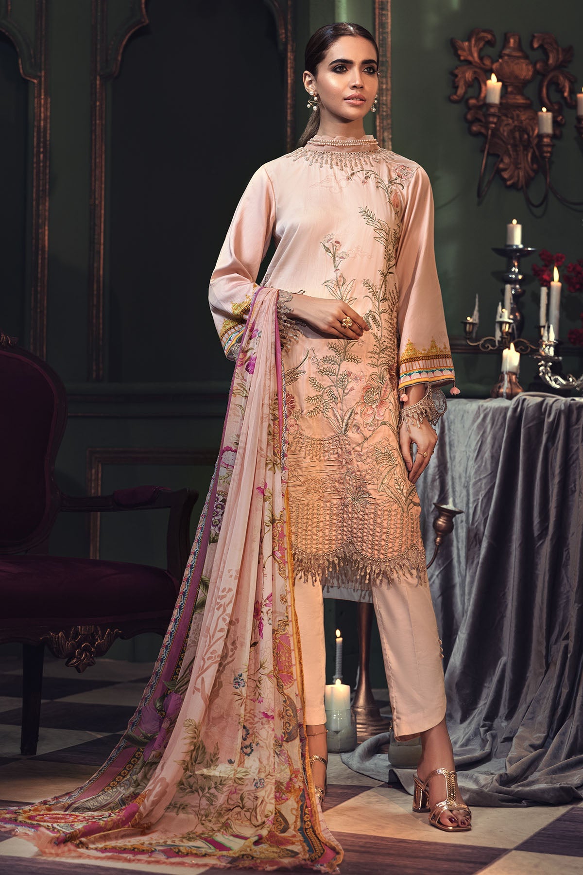 2670-ANTIQUE-WHITE EMBROIDERED COTTON SATIN UNSTITCHED