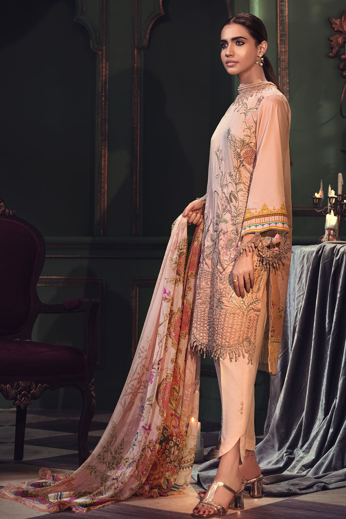 2670-ANTIQUE-WHITE EMBROIDERED COTTON SATIN UNSTITCHED