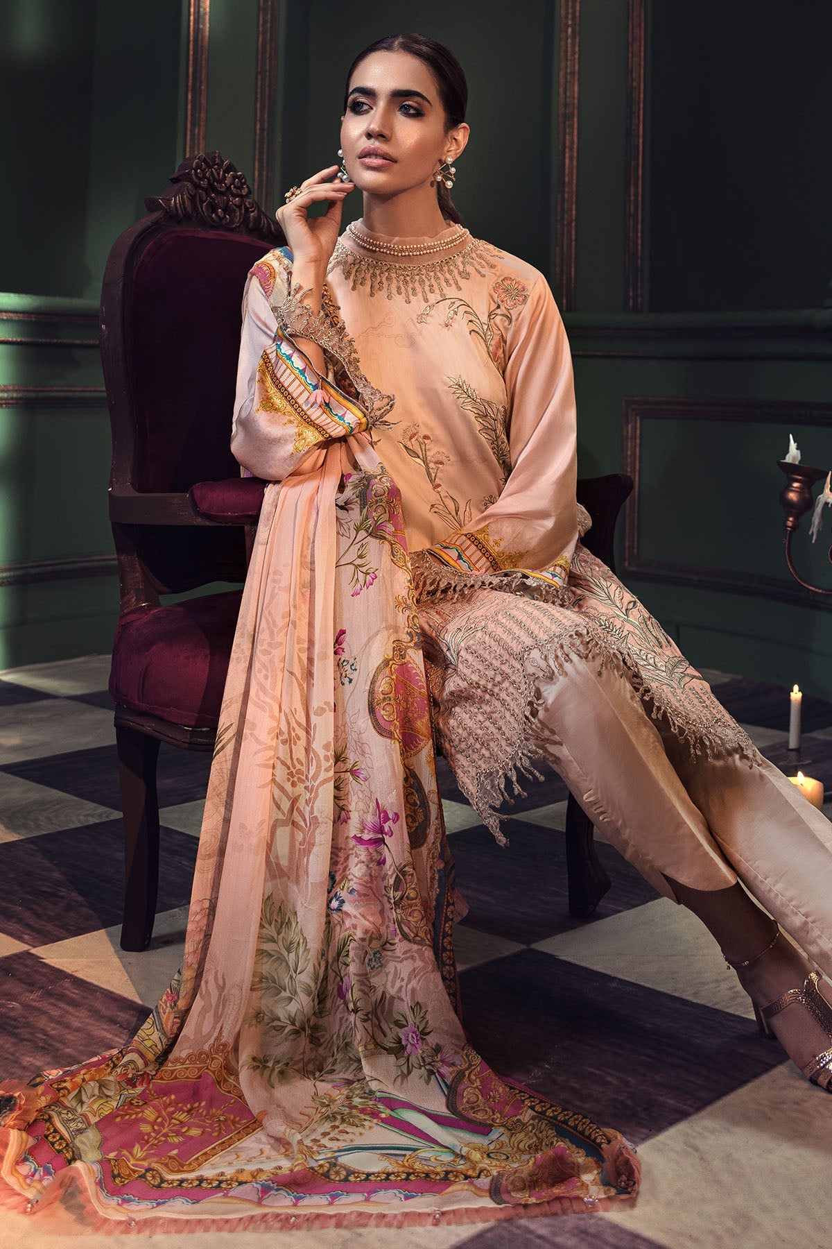 2670-ANTIQUE-WHITE EMBROIDERED COTTON SATIN UNSTITCHED