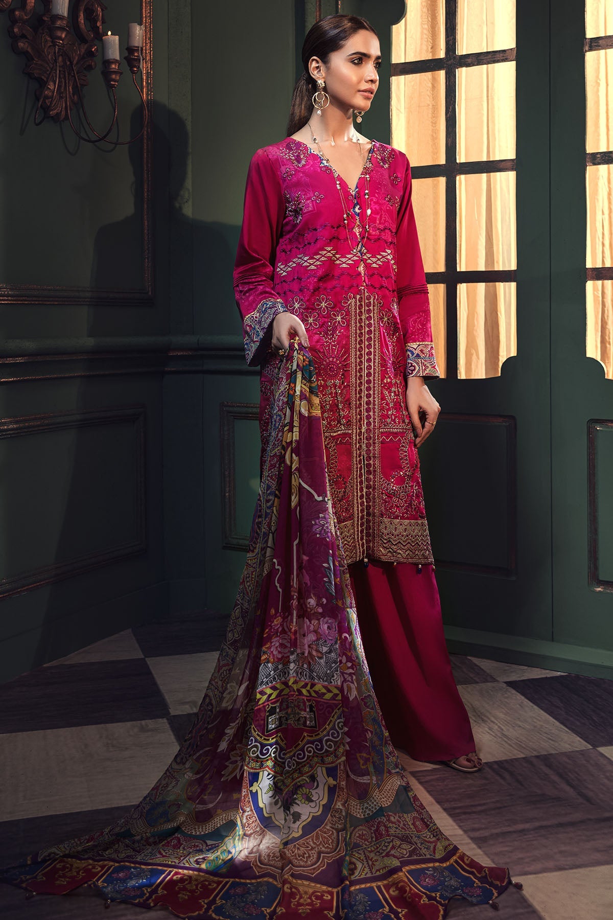 2666-FUCHSIA EMBROIDERED COTTON SATIN UNSTITCHED