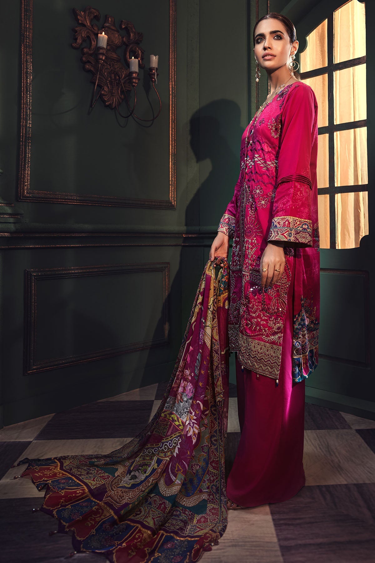 2666-FUCHSIA EMBROIDERED COTTON SATIN UNSTITCHED