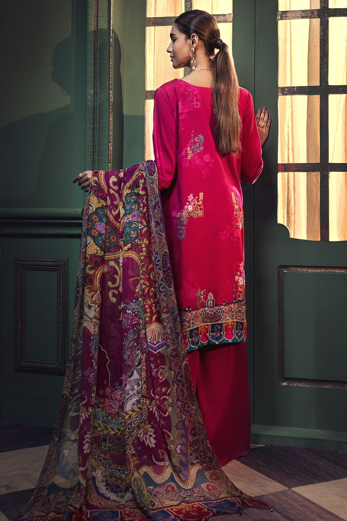 2666-FUCHSIA EMBROIDERED COTTON SATIN UNSTITCHED