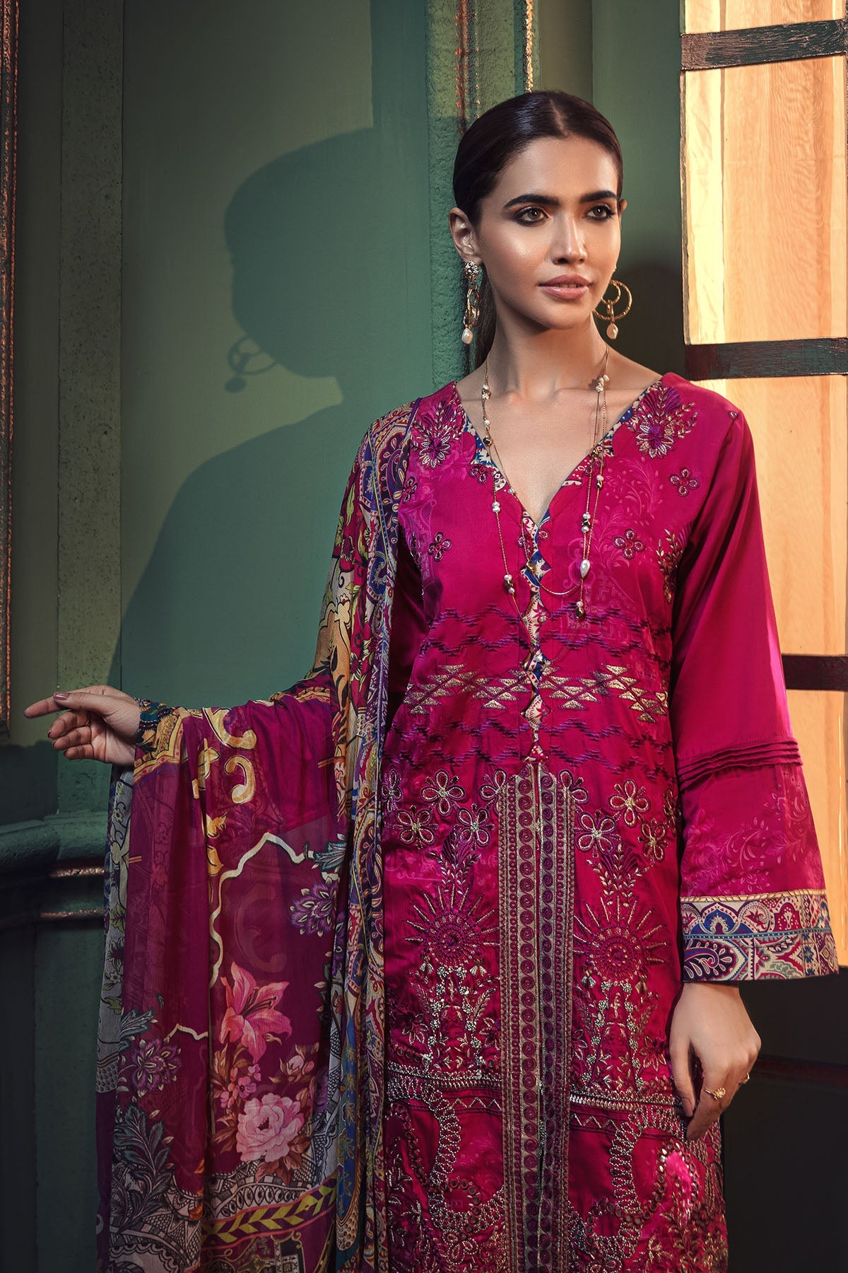 2666-FUCHSIA EMBROIDERED COTTON SATIN UNSTITCHED