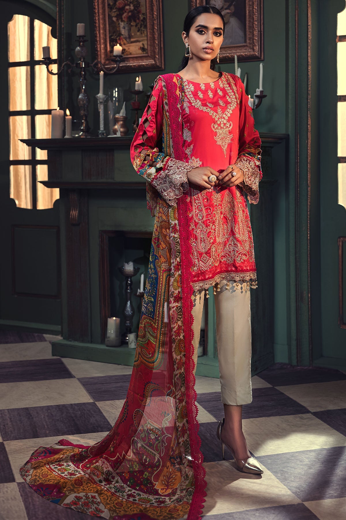 2669-PUNCH EMBROIDERED COTTON SATIN UNSTITCHED