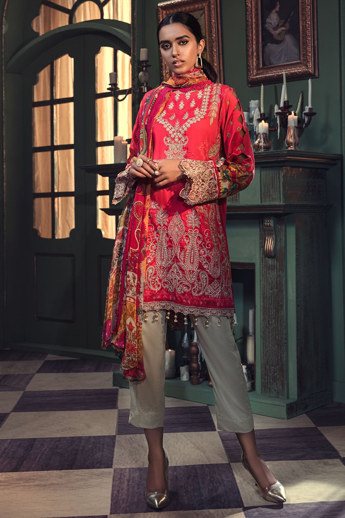 2669-PUNCH EMBROIDERED COTTON SATIN UNSTITCHED