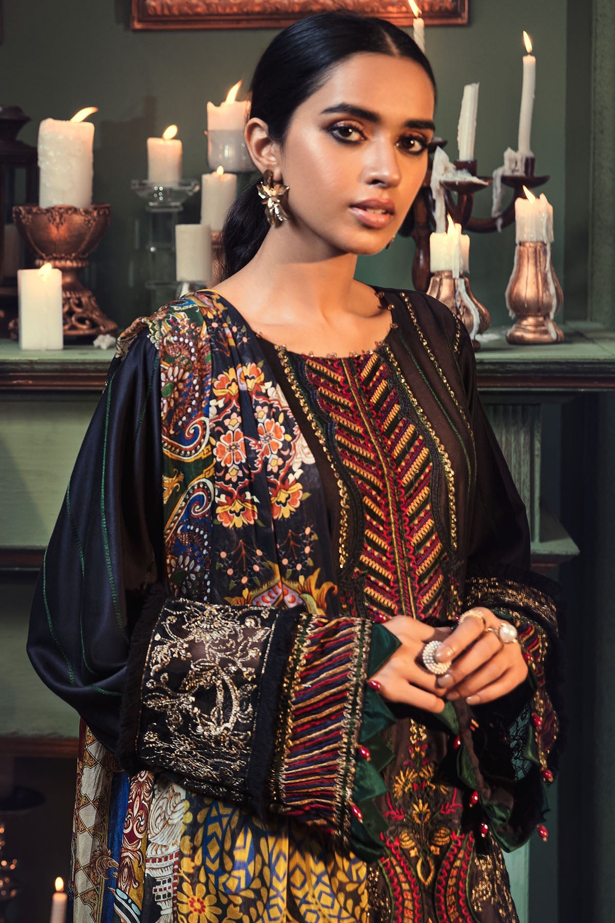 2663-CHARCOAL EMBROIDERED COTTON SATIN UNSTITCHED