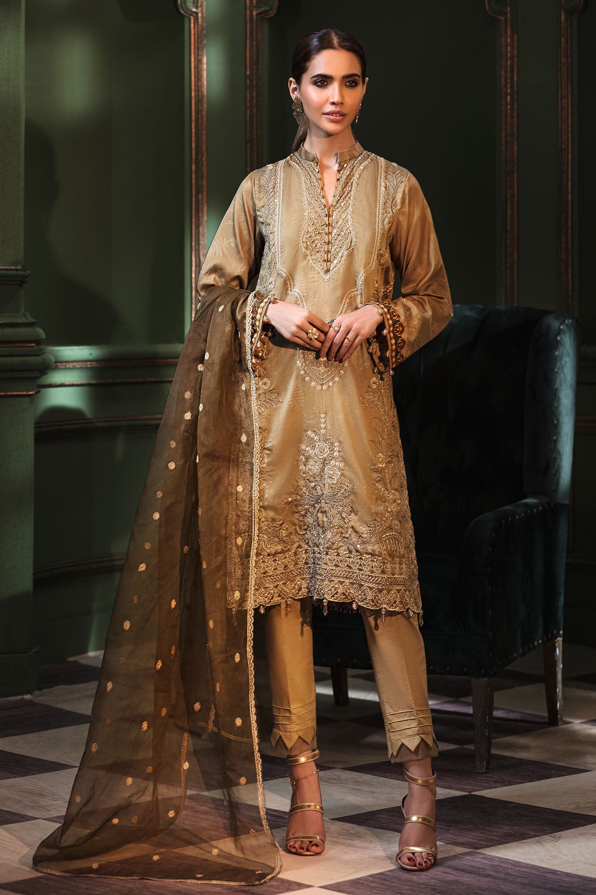 2671-HAZELNUT EMBROIDERED COTTON SATIN UNSTITCHED