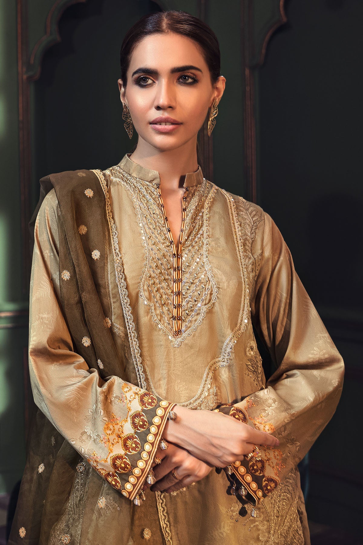 2671-HAZELNUT EMBROIDERED COTTON SATIN UNSTITCHED