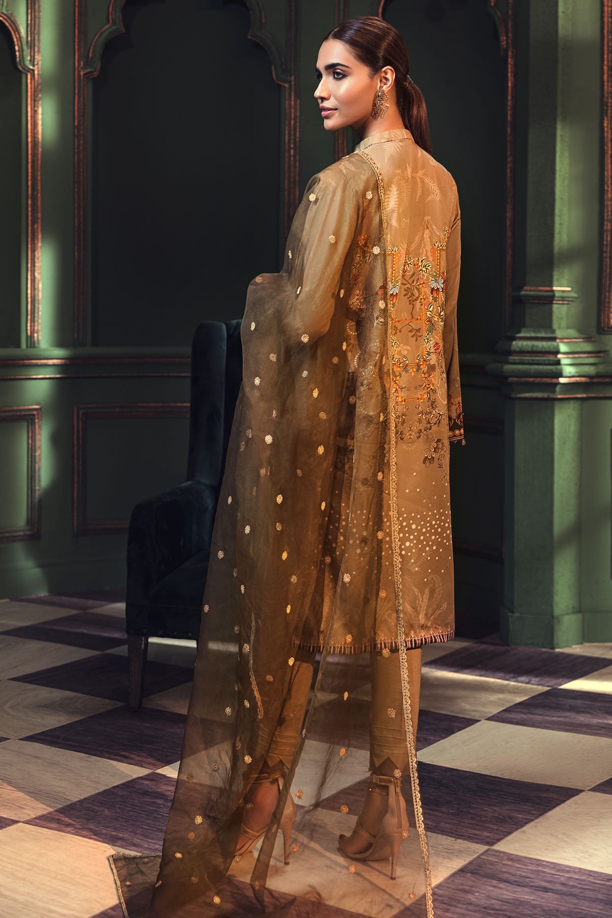 2671-HAZELNUT EMBROIDERED COTTON SATIN UNSTITCHED