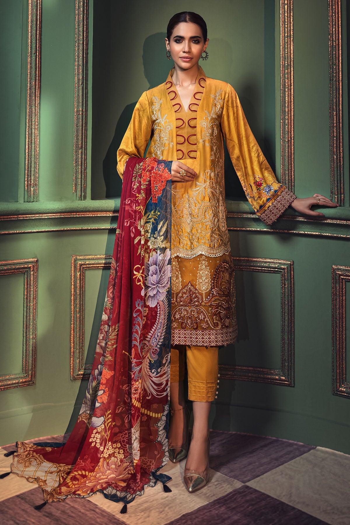 2675-TUSCAN-SUN EMBROIDERED COTTON SATIN UNSTITCHED