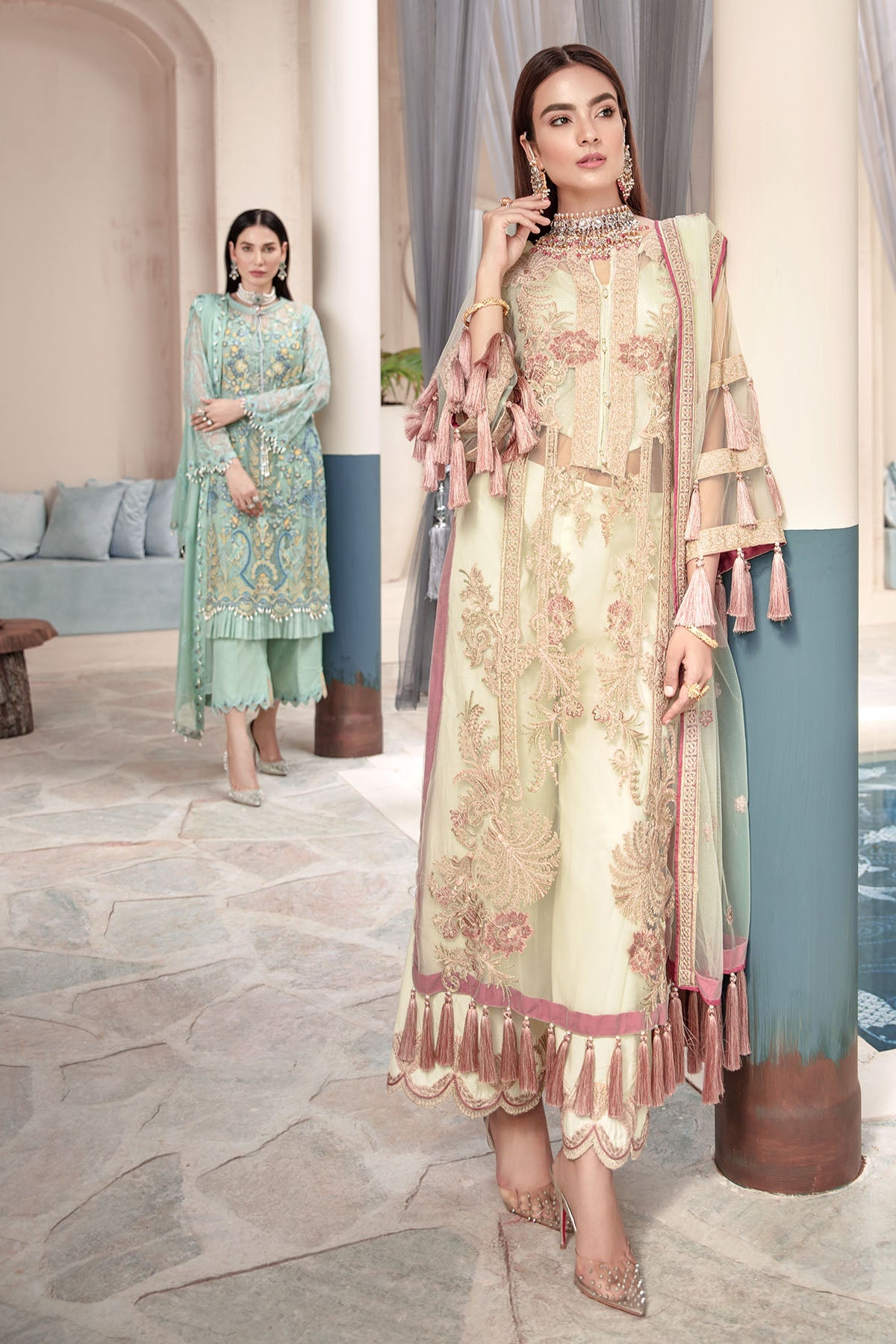 2329-GREEN-WHITE EMBROIDERED SILK NET UNSTITCHED
