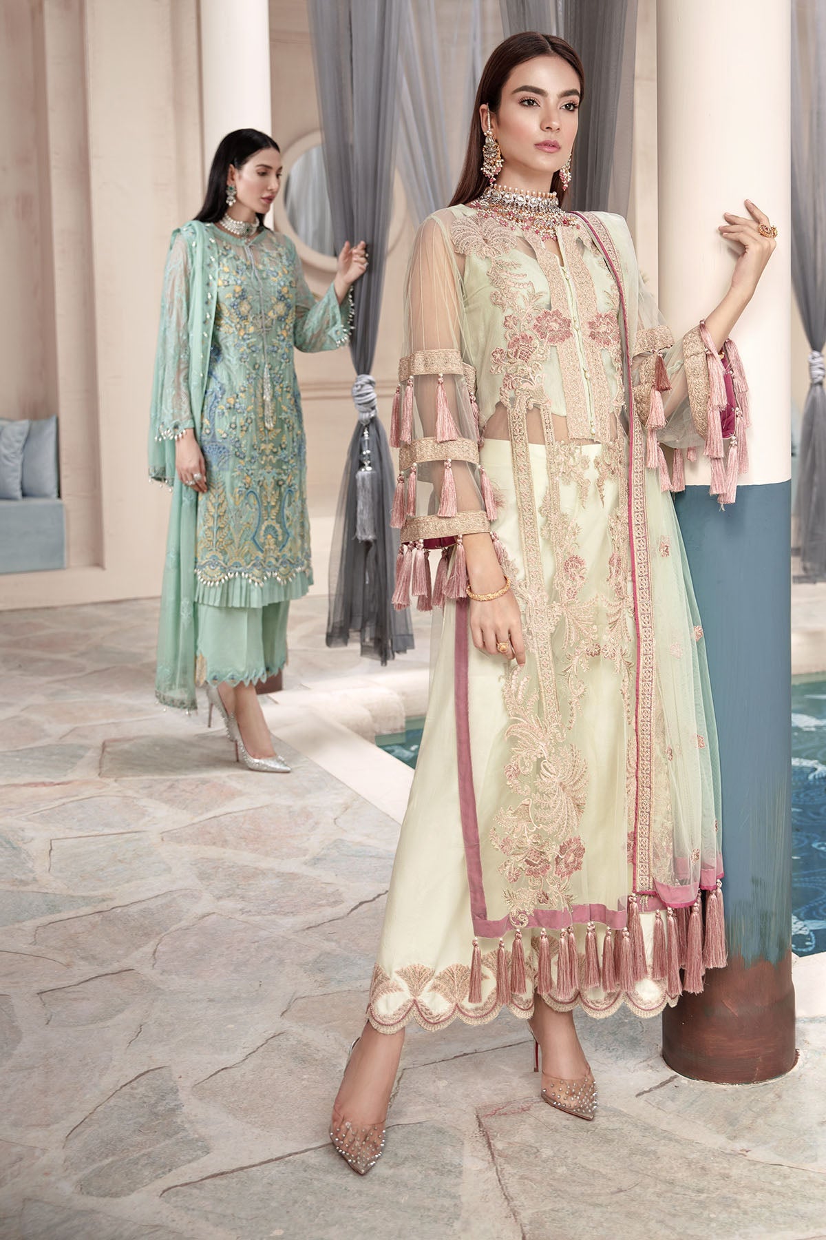 2329-GREEN-WHITE EMBROIDERED SILK NET UNSTITCHED