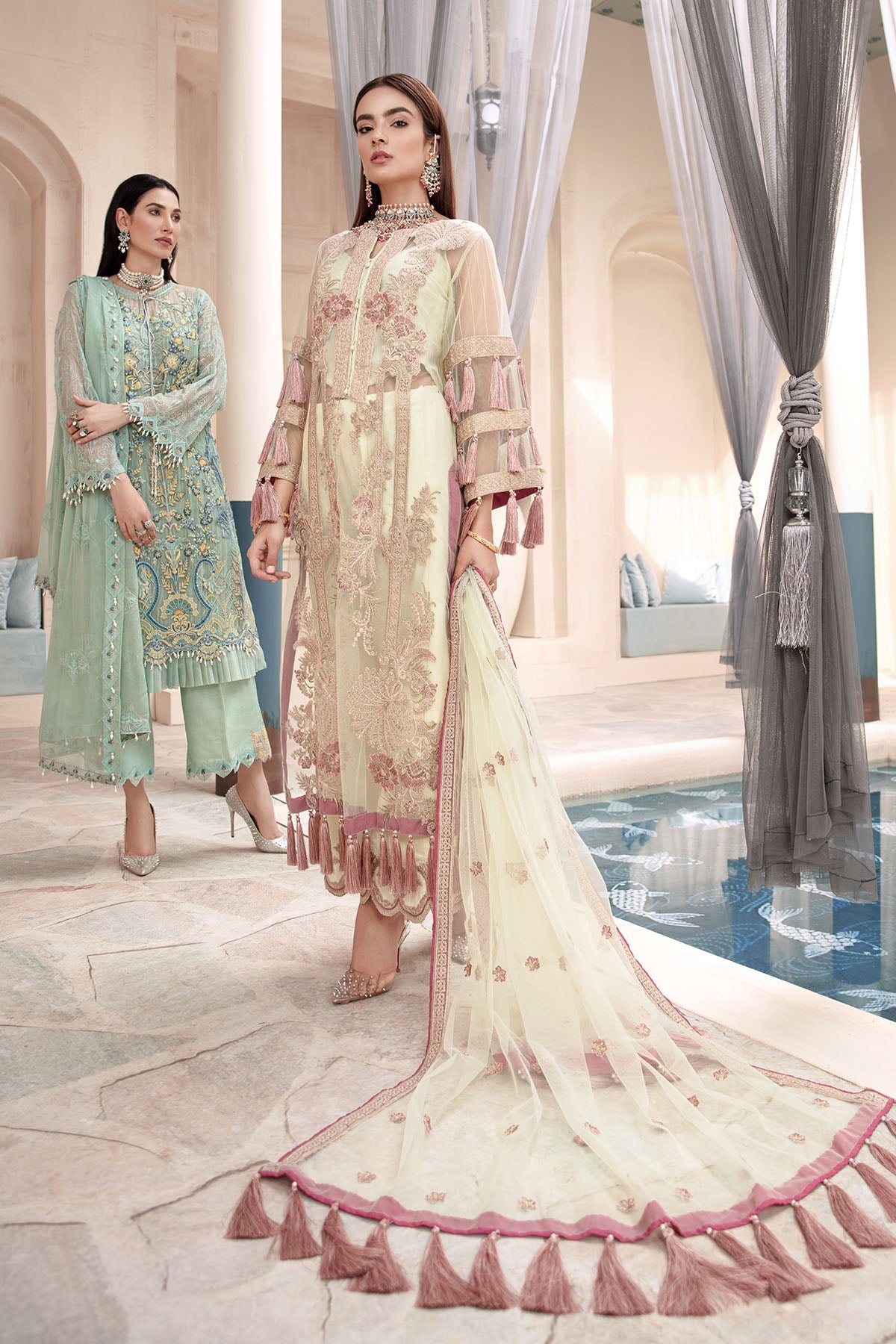 2329-GREEN-WHITE EMBROIDERED SILK NET UNSTITCHED