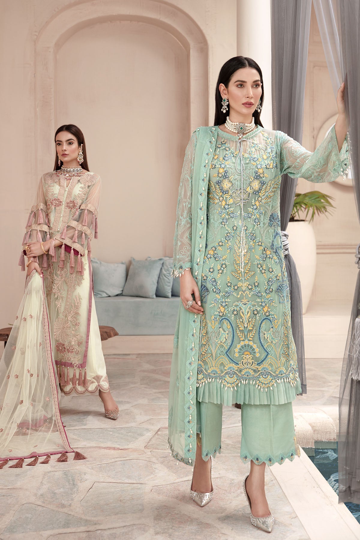2574-BERYL-GREEN EMBROIDERED BEMBERG CHIFFON UNSTITCHED