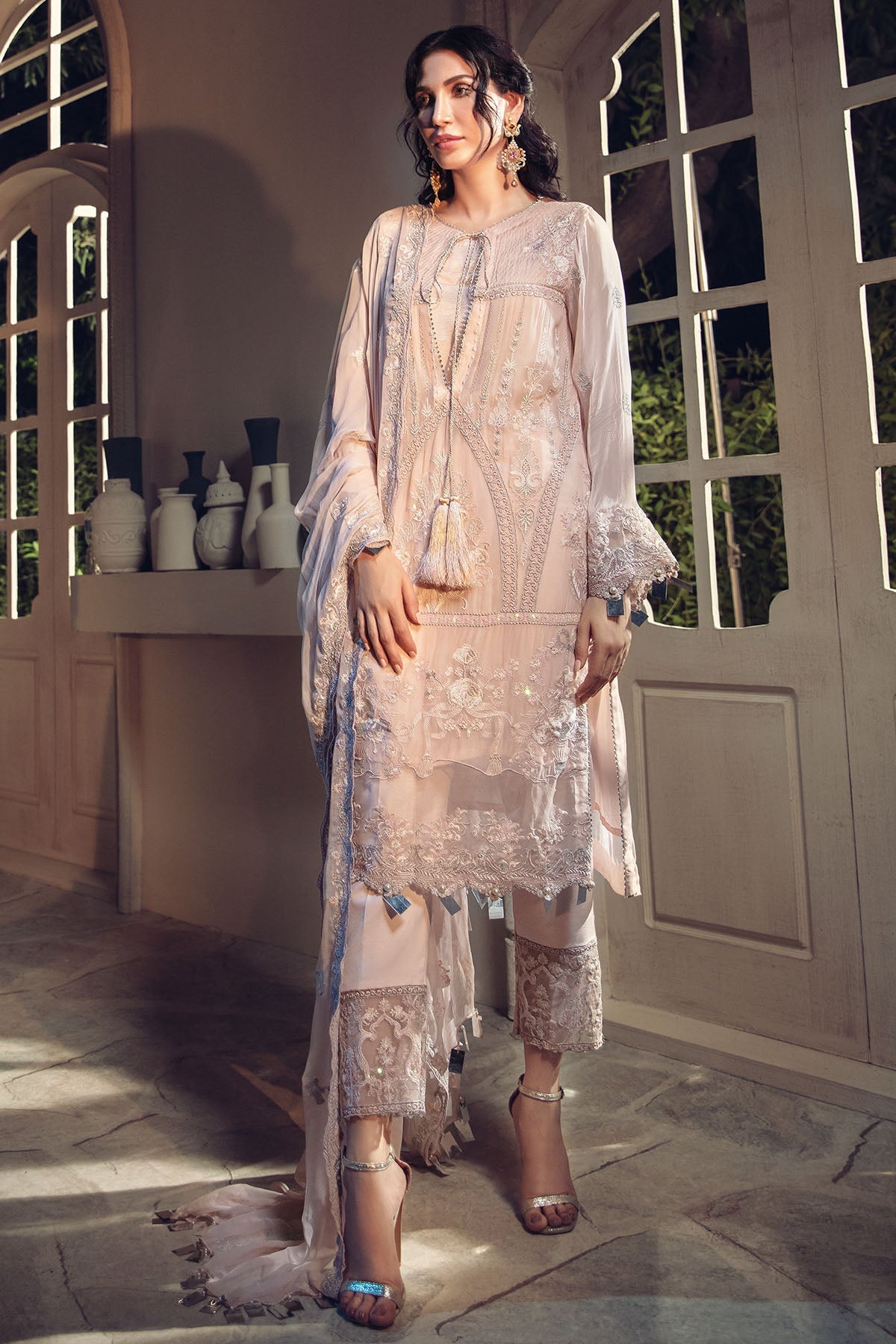 2642-PEONY-PINK EMBROIDERED BEMBERG CHIFFON UNSTITCHED