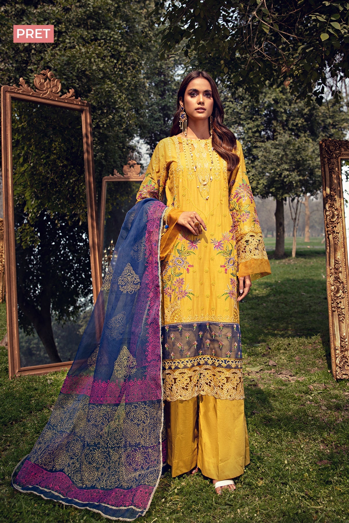 2808-CANARY YELLOW EMBROIDERED LAWN STITCHED