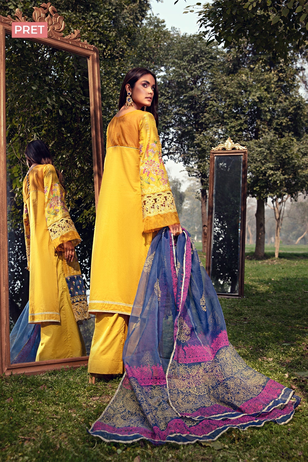 2808-CANARY YELLOW EMBROIDERED LAWN STITCHED