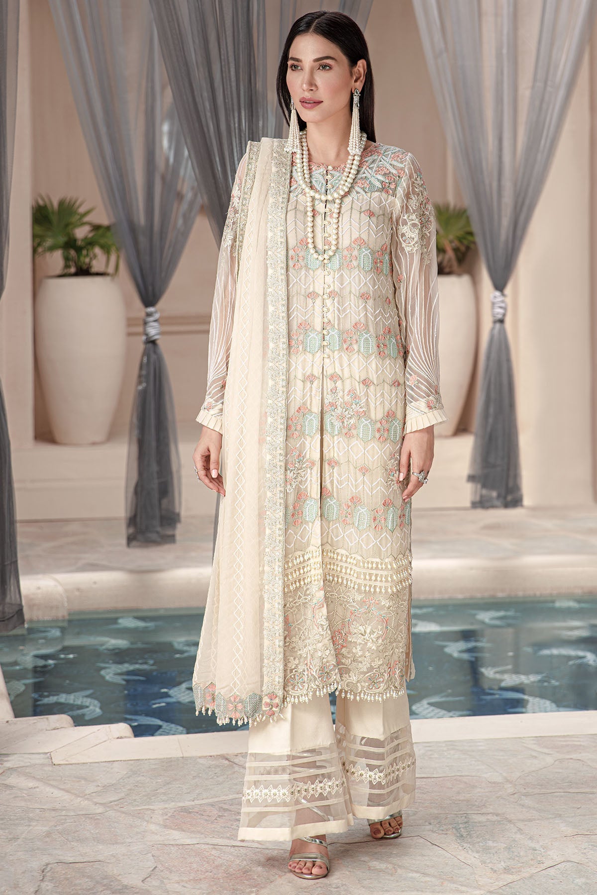 2576-MERINO EMBROIDERED BEMBERG CHIFFON UNSTITCHED