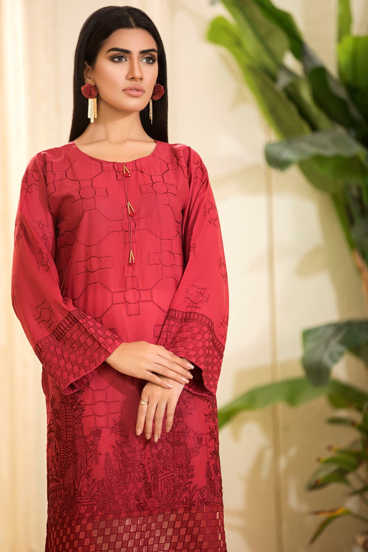 2477-MAROON EMBROIDERED LAWN STITCHED