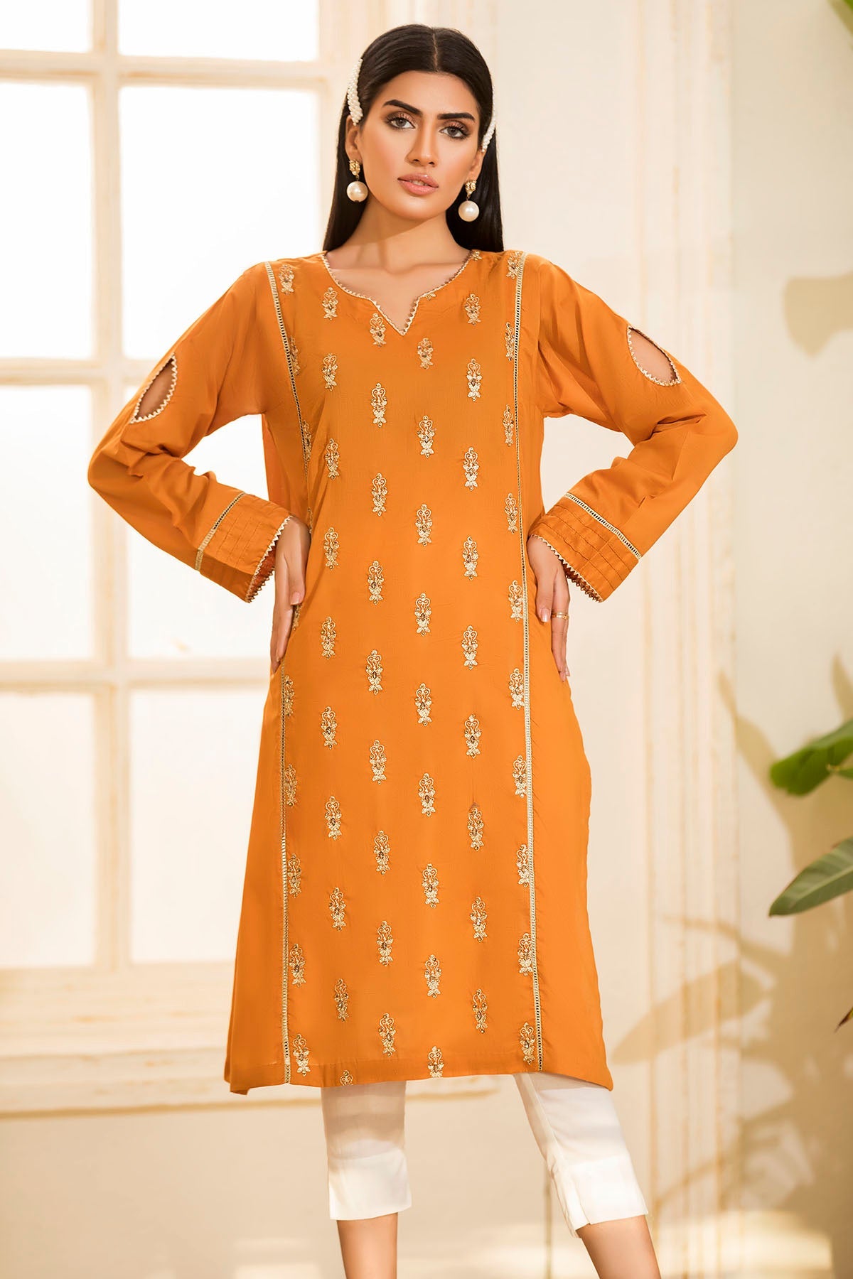 2464-MUSTARD EMBROIDERED LAWN STITCHED