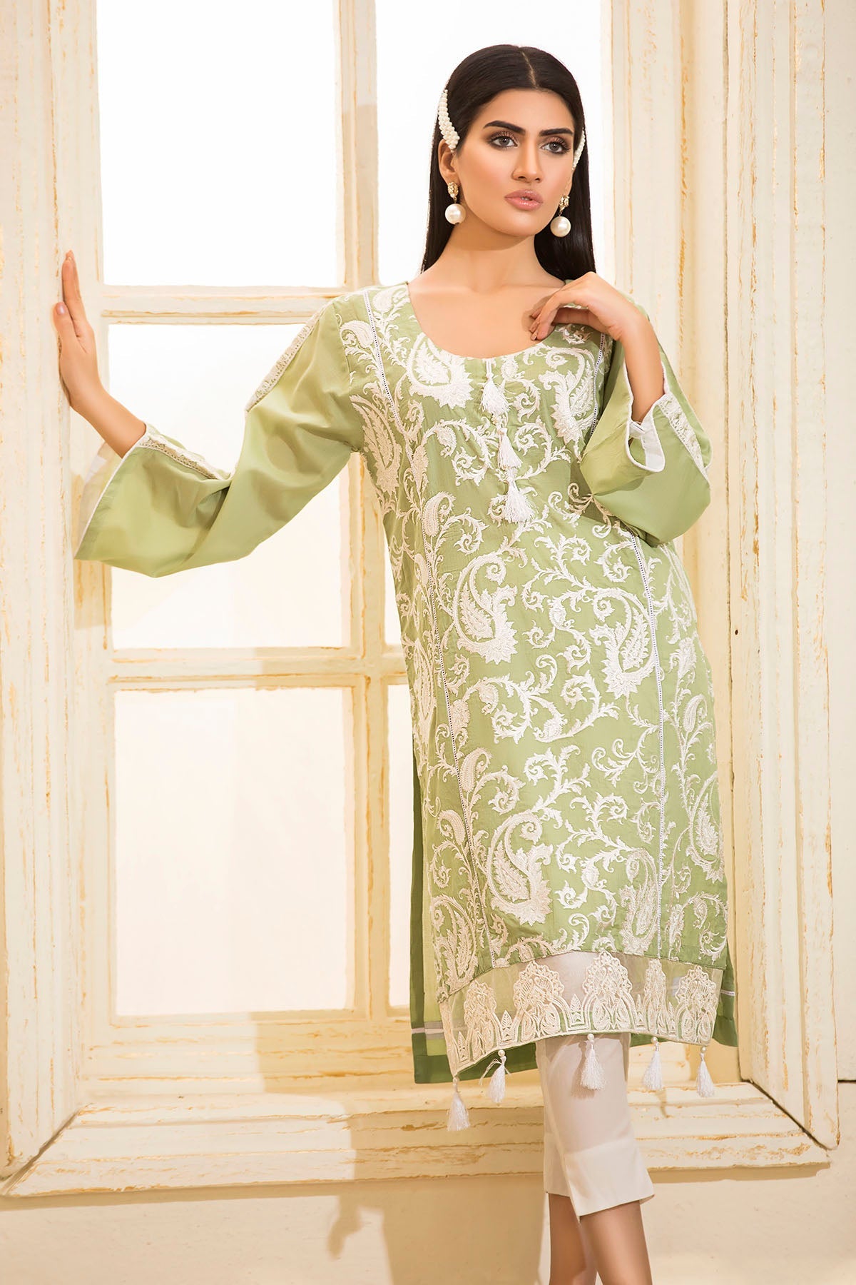 2463-APPLE-GREEN EMBROIDERED LAWN STITCHED