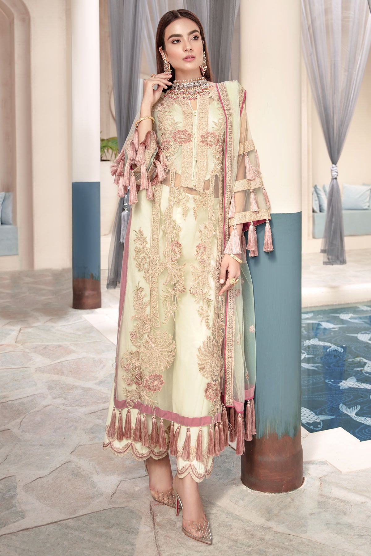 2329-GREEN-WHITE EMBROIDERED SILK NET UNSTITCHED