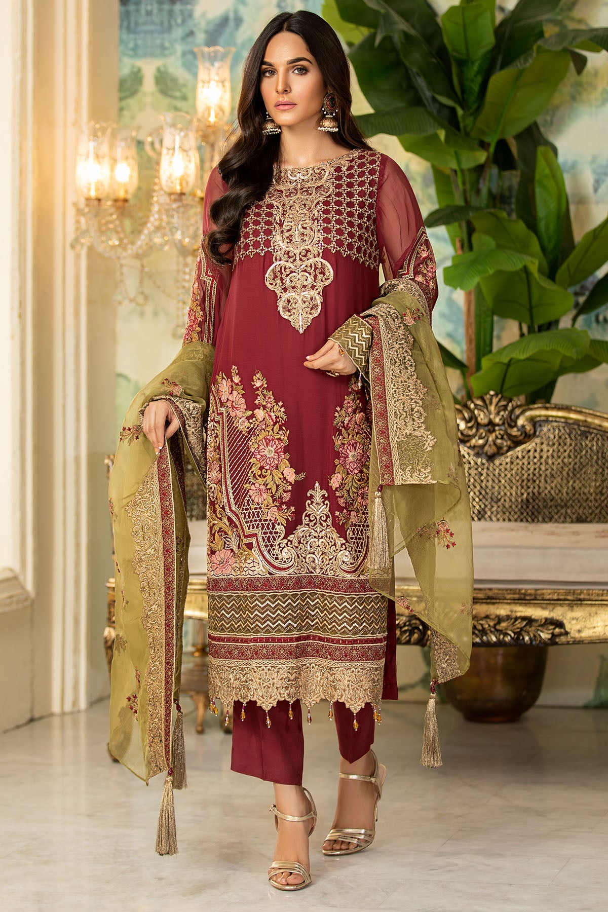 2334-OLD-ROSE EMBROIDERED BEMBERG CHIFFON UNSTITCHED