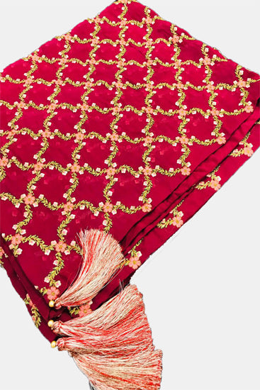 2317 DULL RED EMBROIDERED CHIFFON SHAWL