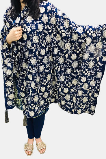 2323 NAVY BLUE EMBROIDERED CHIFFON SHAWL