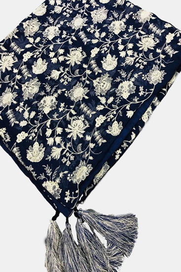 2323 NAVY BLUE EMBROIDERED CHIFFON SHAWL