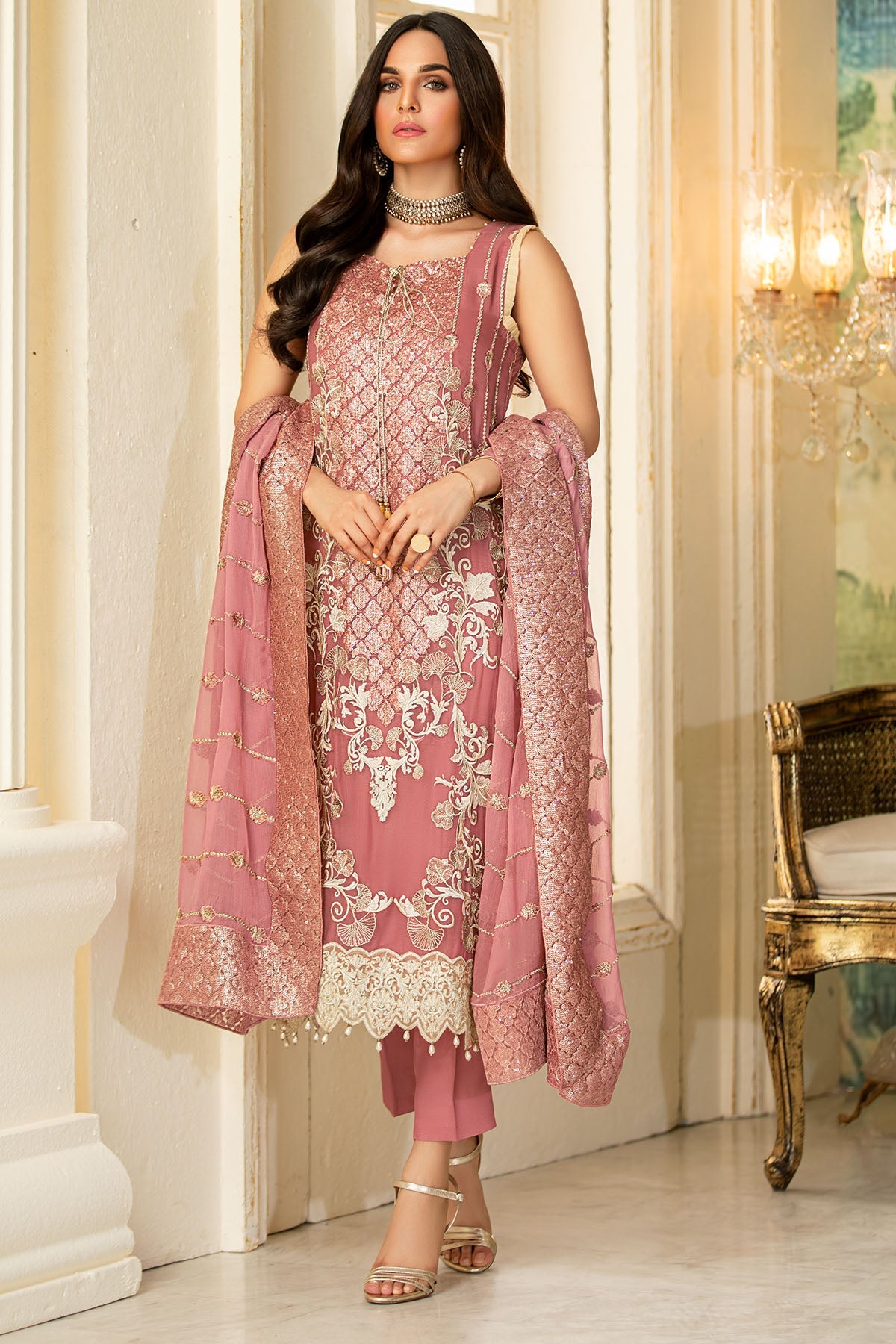 2332-OYSTER-PINK EMBROIDERED BEMBERG CHIFFON UNSTITCHED