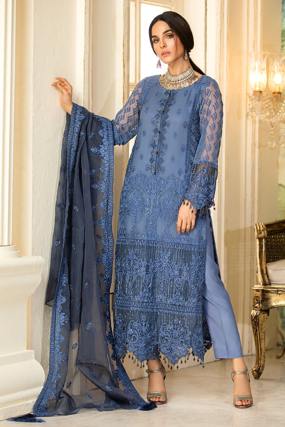 2333-TROPICAL-BLUE EMBROIDERED BEMBERG CHIFFON UNSTITCHED