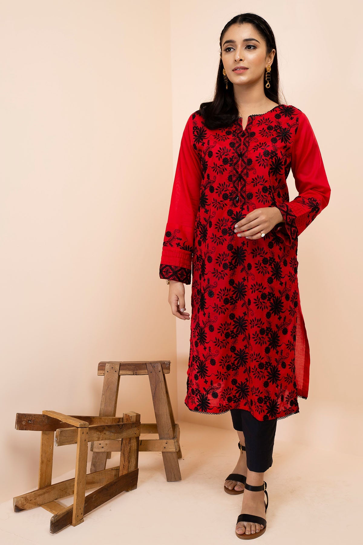 2493-RED-ROSE EMBROIDERED LAWN STITCHED